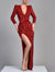 Sequin Mermaid Evening Dress Sparkle Formal Gala Floor Length Long Sleeves V Neck Christmas Party Dress With Side Split