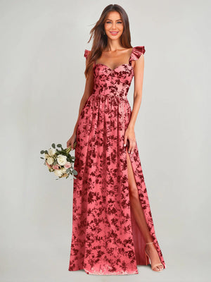 A-Line/Princess Velvet Wedding Guest Dress  Flying Sleeves Floor Length Bridesmaid Dress With High Side Split&Pleats