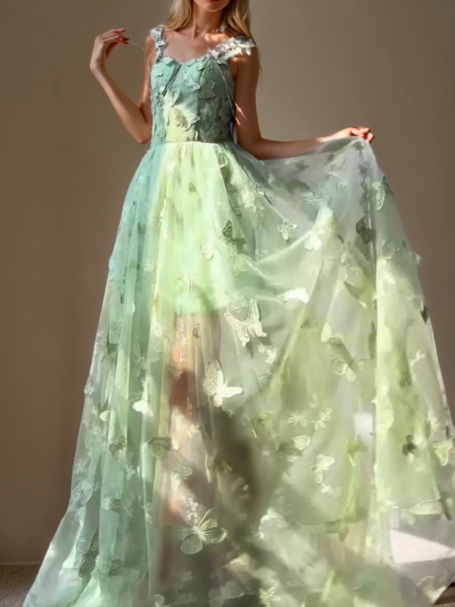 A-Line/Princess Green Spaghetti Straps Sleeveless Floor-Length Prom Dresses with Embroidery
