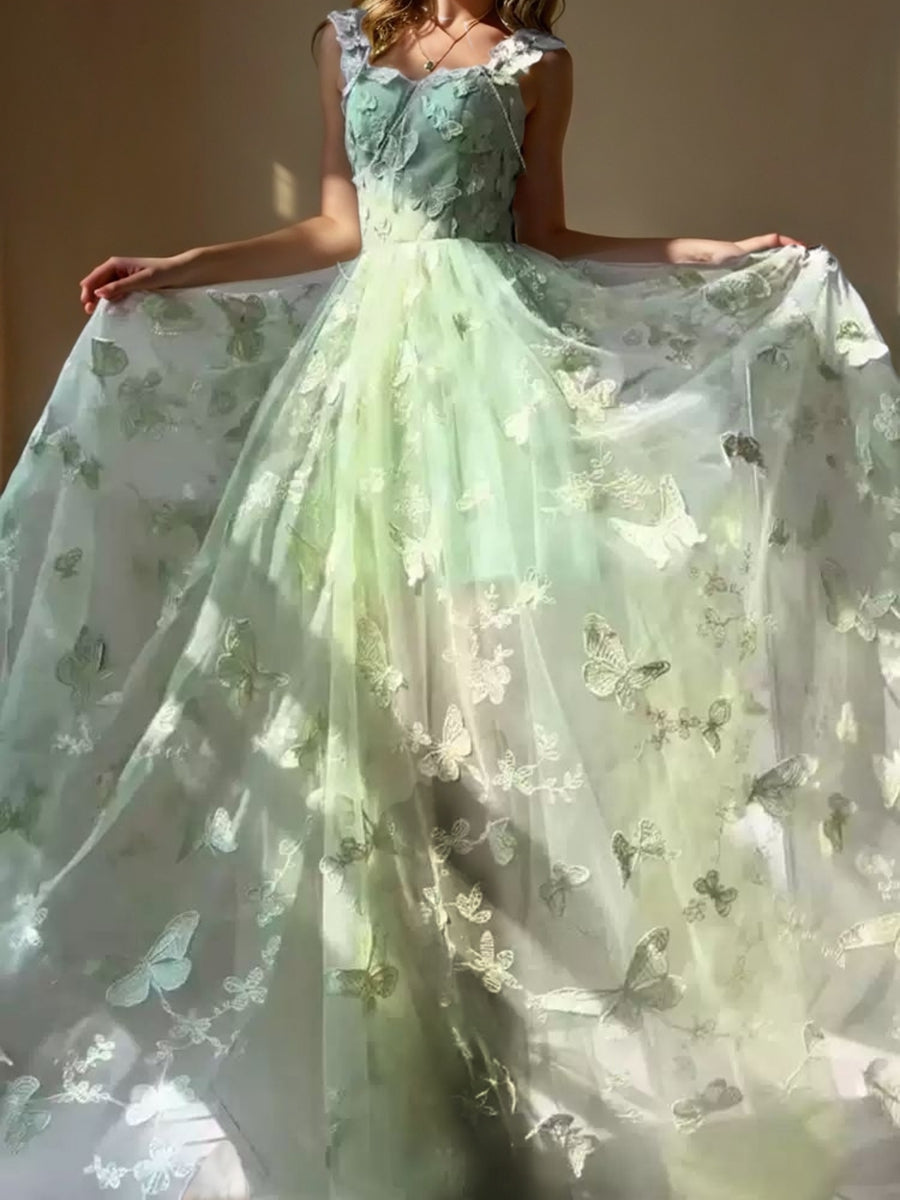 A-Line/Princess Green Spaghetti Straps Sleeveless Floor-Length Prom Dresses with Embroidery