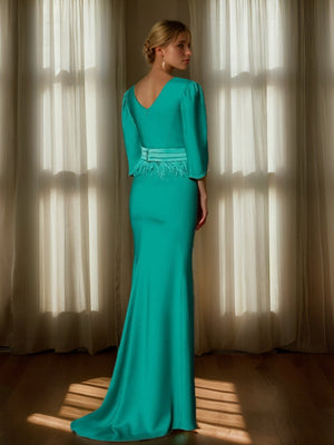 Trumpet/Mermaid Mother Of The Bride Dress V-Neck 3/4 Sleeves Formal Dresses with Embroidery & Belt & Feather Evening