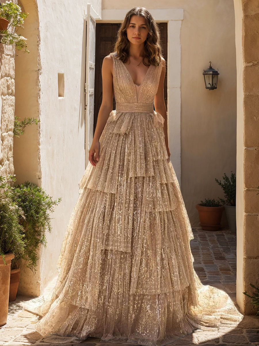 A-Line/Princess Evening Dress V-Neck Sleeveless Prom Dresses with Belt & Ruffles