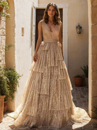A-Line/Princess Evening Dress V-Neck Sleeveless Prom Dresses with Belt & Ruffles