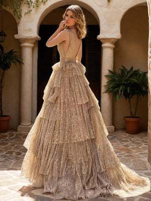 A-Line/Princess Evening Dress V-Neck Sleeveless Prom Dresses with Belt & Ruffles