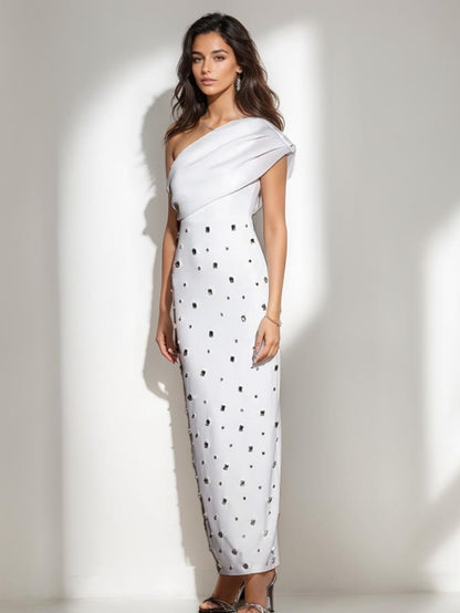 Sheath/Column One-Shoulder Sleeveless Elegant Evening Dresses with Ruffles & Rhinestone