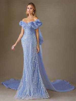 Trumpet/Mermaid V-Neck Short Sleeves Floor-Length Evening Dresses Sequins & Bow & Watteau Train