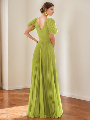 A-Line/Princess Chiffon Evening Dresses with Feather V-Neck Short Sleeves Formal Pleated Dress