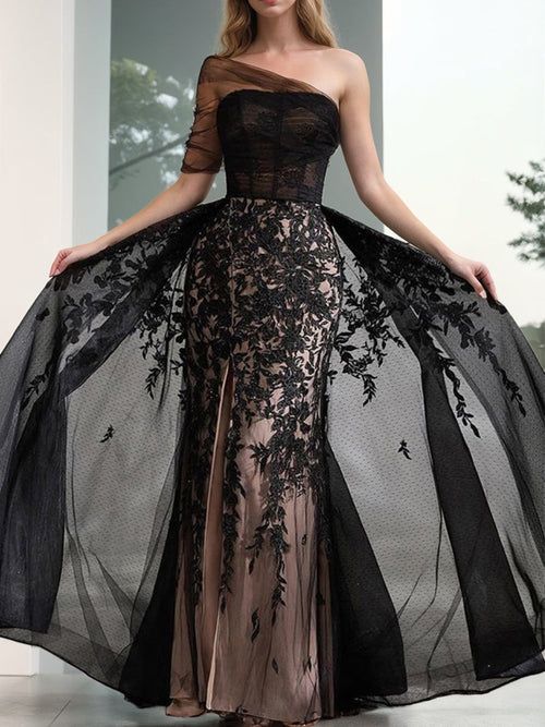 Black A-Line One-Shoulder Tulle Elegant Prom Dresses with Appliques & High Split