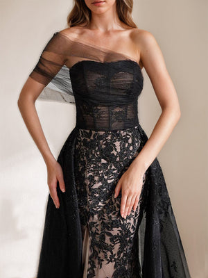 Black A-Line One-Shoulder Tulle Elegant Prom Dresses with Appliques & High Split