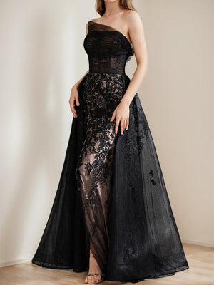 Black A-Line One-Shoulder Tulle Elegant Prom Dresses with Appliques & High Split