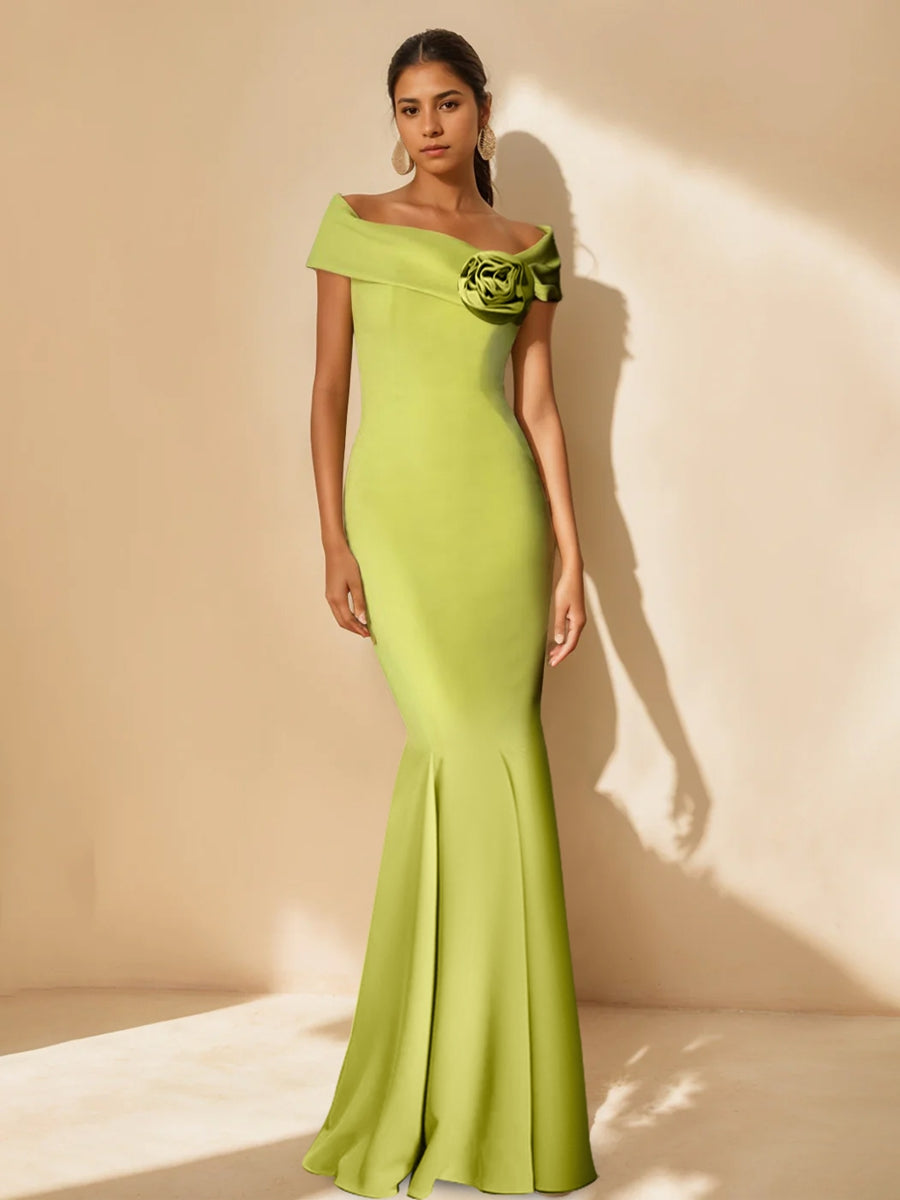 Trumpet/Mermaid Off-the-Shoulder Minimalist Mother of the Bride Dresses with Detachable Flower