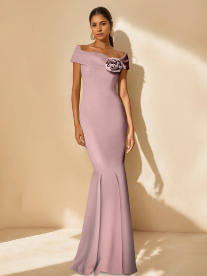 Trumpet/Mermaid Off-the-Shoulder Minimalist Mother of the Bride Dresses with Detachable Flower