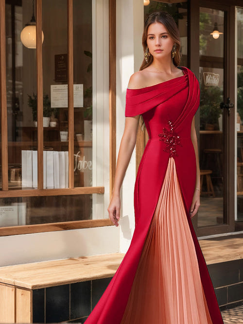 Trumpet/Mermaid Mother Of The Bride Dress One-Shoulder Short Sleeves Evening Dresses with Ruffles & Appliques