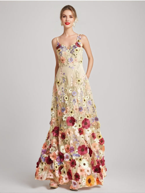 A-Line/Princess Prom Dress Spaghetti Straps Sleeveless Floor-Length Stylish Floral Dresses With Embroidery