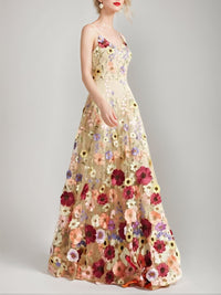 A-Line/Princess Prom Dress Spaghetti Straps Sleeveless Floor-Length Stylish Floral Dresses With Embroidery