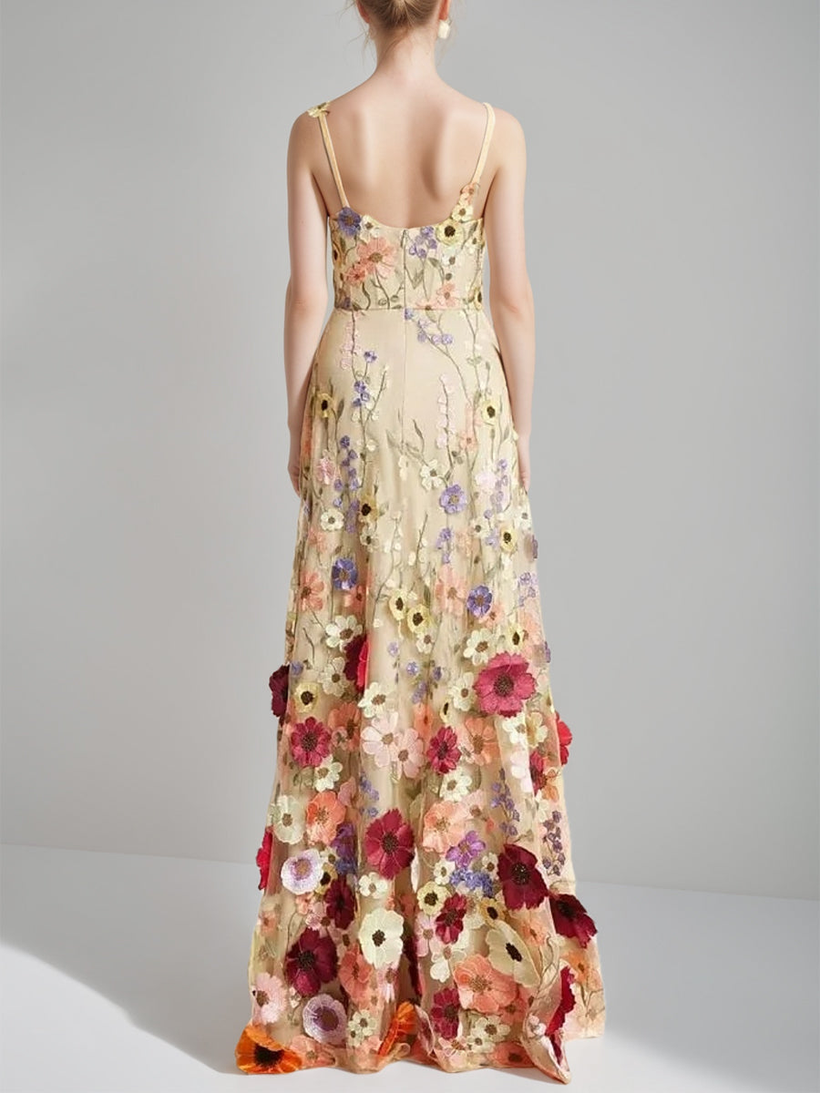 A-Line/Princess Prom Dress Spaghetti Straps Sleeveless Floor-Length Stylish Floral Dresses With Embroidery