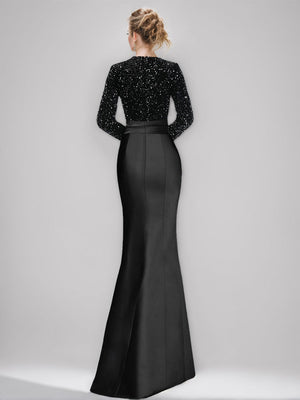 Sheath/Column V-Neck Long Sleeves Asymmetrical Elegant Evening Dresses with Sequins & Ruffles