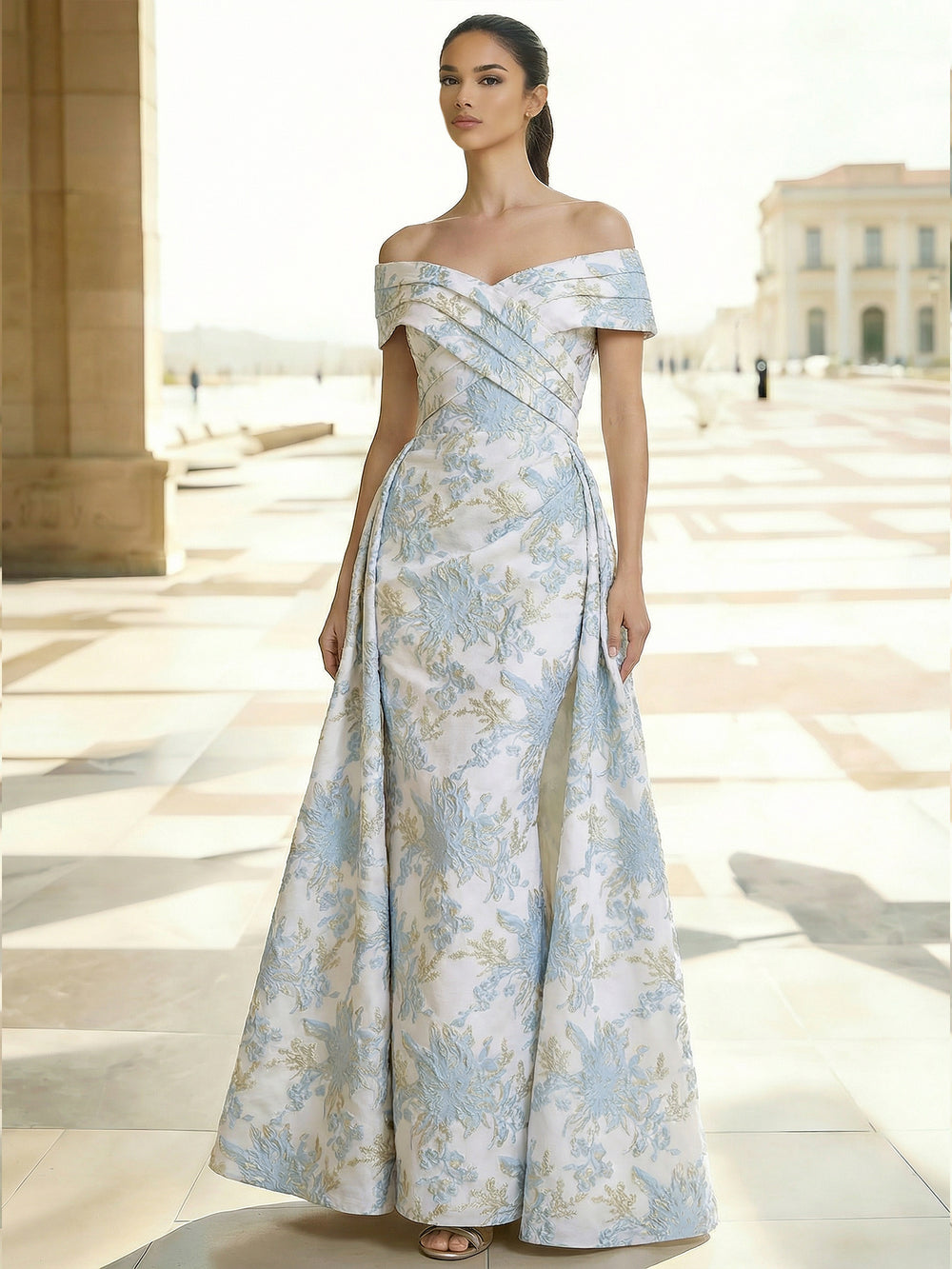 A Line/Princesses Evening Gown Elegant Floral Jacquard Evening Dress Satin Off the Shoulder Floor-Length Formal Dress With Overskirt