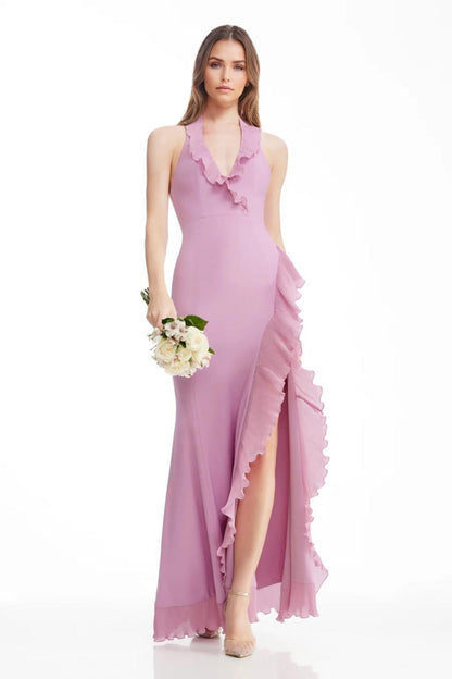 A-Line/Princess Chiffon Bridesmaid Dresses Floor-Length Halter&V-Neck Sleeveless Back Zipper Wedding Guest Dresses With Side Slit&Ruffle