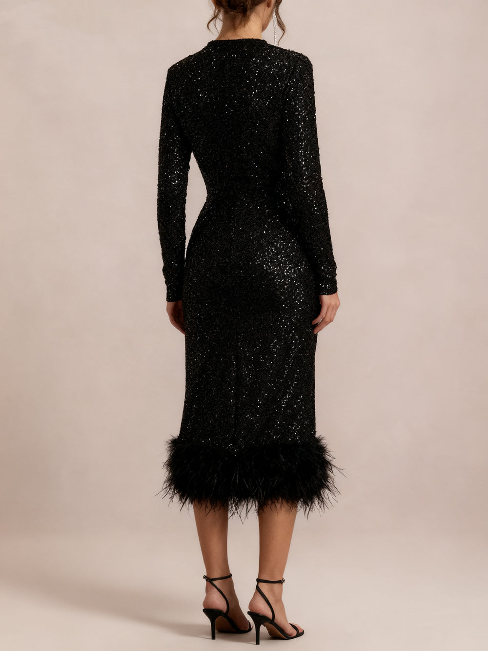 Mermaid Cocktail Dresses Sparkling Party Dress Long Sleeve Tea Length Sequin Feather Black Dress