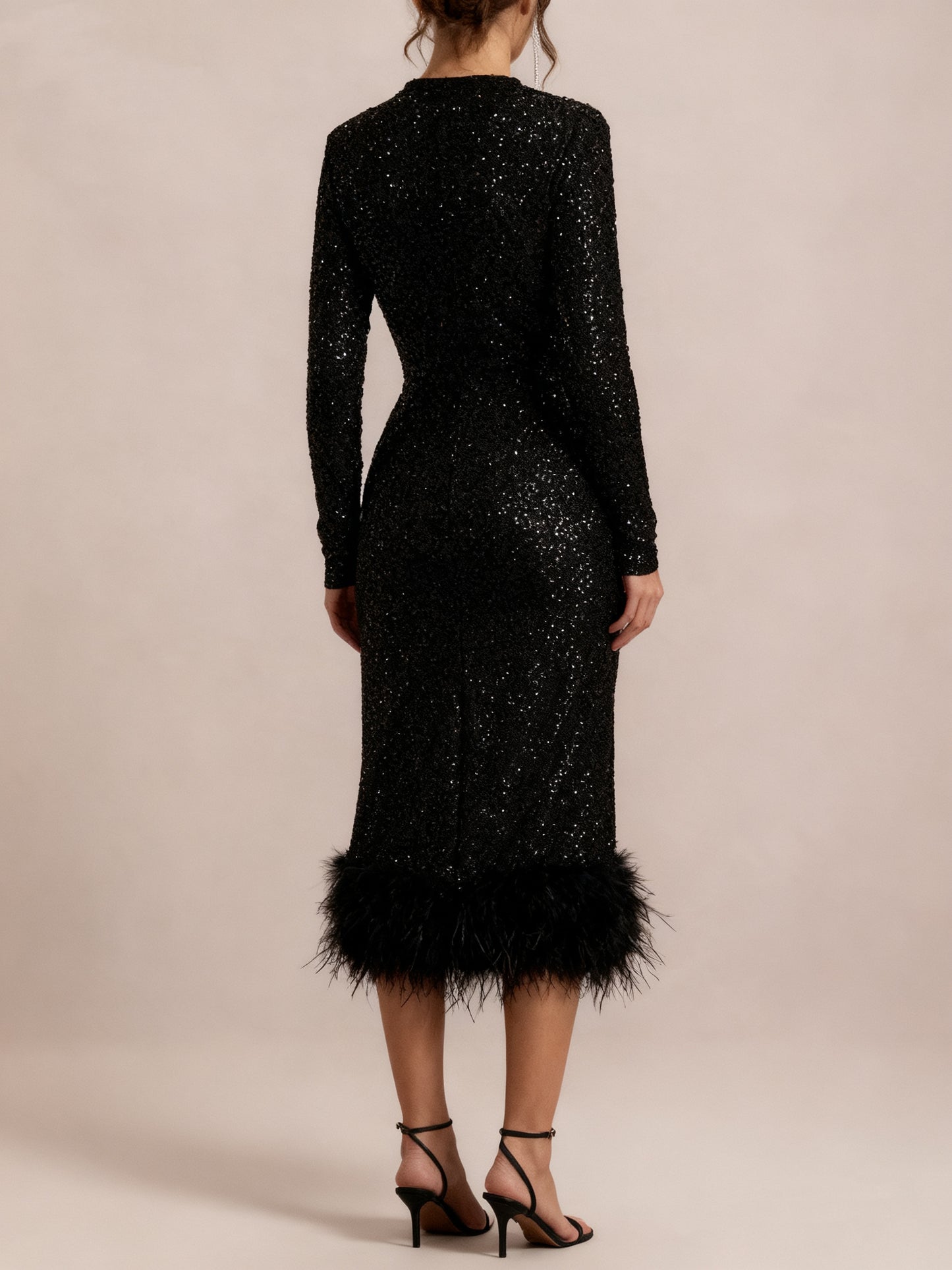 Mermaid Cocktail Dresses Sparkling Party Dress Long Sleeve Tea Length Sequin Feather Black Dress