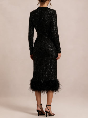 Mermaid Cocktail Dresses Sparkling Party Dress Long Sleeve Tea Length Sequin Feather Black Dress