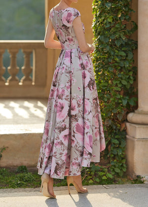 A-Line/Princess Satin Formal Dress Scoop Neck Short Sleeves Printed Flower Ankle-Length Mother of the Bride & Groom Dress