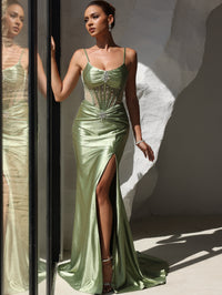 Trumpet/Mermaid Prom Dress Basque Waist Spaghetti Straps Corset Dresses With Split Side Rhinestones