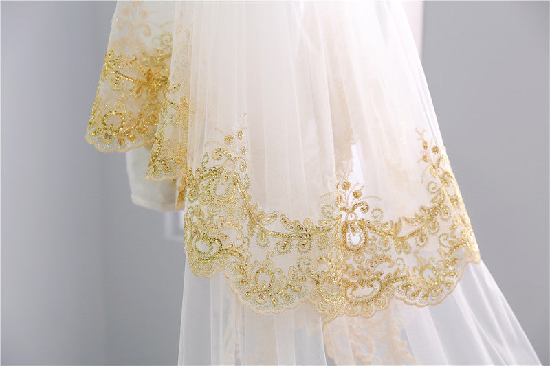 Two-tier Luxurious  Wedding Veil with Golden Lace