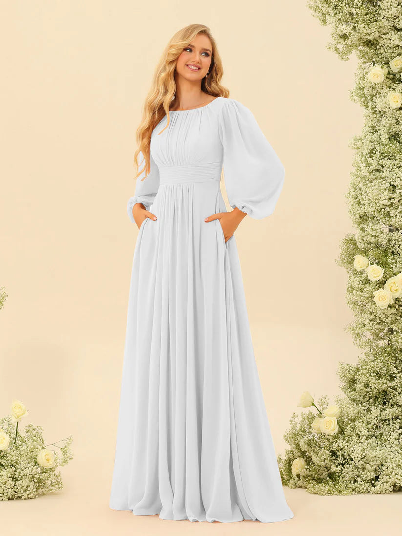 A-Line/Princess Scoop Long Sleeves Bridesmaid Dresses with Ruched