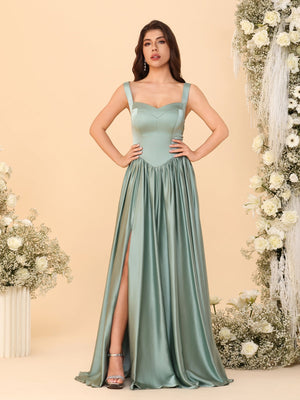 A-Line/Princess V-Neck Sleeveless Long Bridesmaid Dresses with Side Slit & Pleats