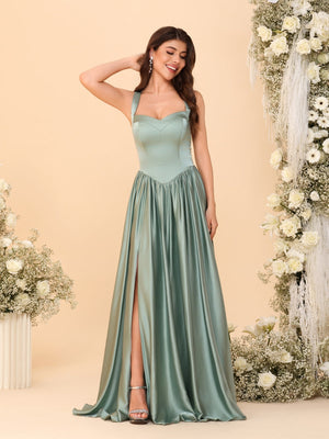 A-Line/Princess V-Neck Sleeveless Long Bridesmaid Dresses with Side Slit & Pleats