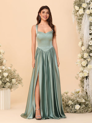 A-Line/Princess V-Neck Sleeveless Long Bridesmaid Dresses with Side Slit & Pleats