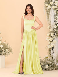 A-Line/Princess V-Neck Sleeveless Long Bridesmaid Dresses with Side Slit & Pleats