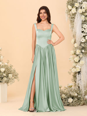 A-Line/Princess V-Neck Sleeveless Long Bridesmaid Dresses with Side Slit & Pleats