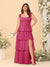 A字型/公主式圆领无袖拖地伴娘礼服，带荷叶边和侧开衩