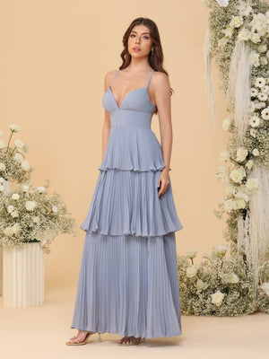 A-Line/Princess Spaghetti Straps Sleeveless Floor-Length Tiered Bridesmaid Dresses With  Pleats