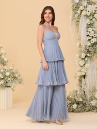 A-Line/Princess Spaghetti Straps Sleeveless Floor-Length Tiered Bridesmaid Dresses With  Pleats