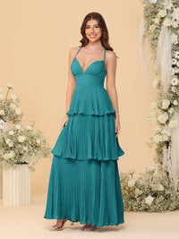 A-Line/Princess Spaghetti Straps Sleeveless Floor-Length Tiered Bridesmaid Dresses With  Pleats