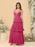 A-Line/Princess Spaghetti Straps Sleeveless Floor-Length Tiered Bridesmaid Dresses With  Pleats