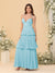 A-Line/Princess Spaghetti Straps Sleeveless Floor-Length Tiered Bridesmaid Dresses With  Pleats