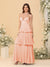 A-Line/Princess Spaghetti Straps Sleeveless Floor-Length Tiered Bridesmaid Dresses With  Pleats