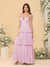 A-Line/Princess Spaghetti Straps Sleeveless Floor-Length Tiered Bridesmaid Dresses With  Pleats