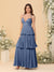 A-Line/Princess Spaghetti Straps Sleeveless Floor-Length Tiered Bridesmaid Dresses With  Pleats