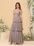 A-Line/Princess Spaghetti Straps Sleeveless Floor-Length Tiered Bridesmaid Dresses With  Pleats