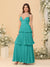 A-Line/Princess Spaghetti Straps Sleeveless Floor-Length Tiered Bridesmaid Dresses With  Pleats
