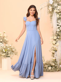 A-Line/Princess Square Neck Sleeveless Floor-Length Bridesmaid Dresses With Side Slit & Ruffles