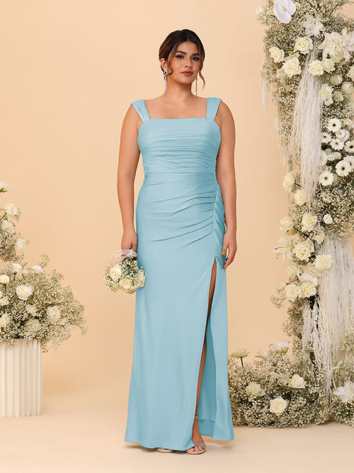 鞘形/直筒方形领无袖及地褶皱大码伴娘礼服，带侧开衩