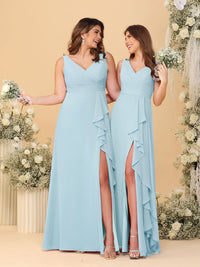 A-Line/Princess V-Neck Sleeveless Ruched Long Chiffon Bridesmaid Dresses With Side Slit & Ruffles