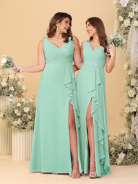 A-Line/Princess V-Neck Sleeveless Ruched Long Chiffon Bridesmaid Dresses With Side Slit & Ruffles